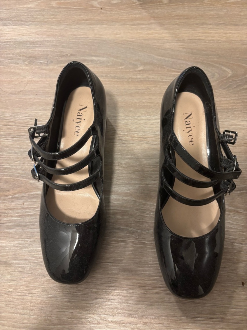 Size 6. Black Patent Triple-Strap Mary Jane Pumps. Like New.